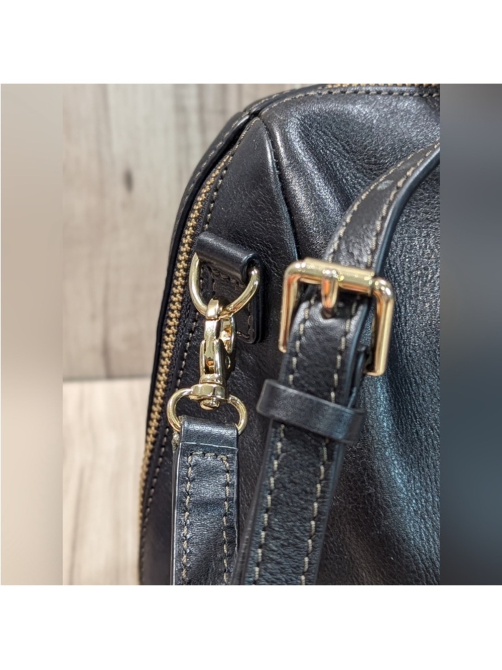 FOSSIL Sydney Black Pebbled Leather Satchel Purse Handbag Gold Hardware - Picture 6 of 14